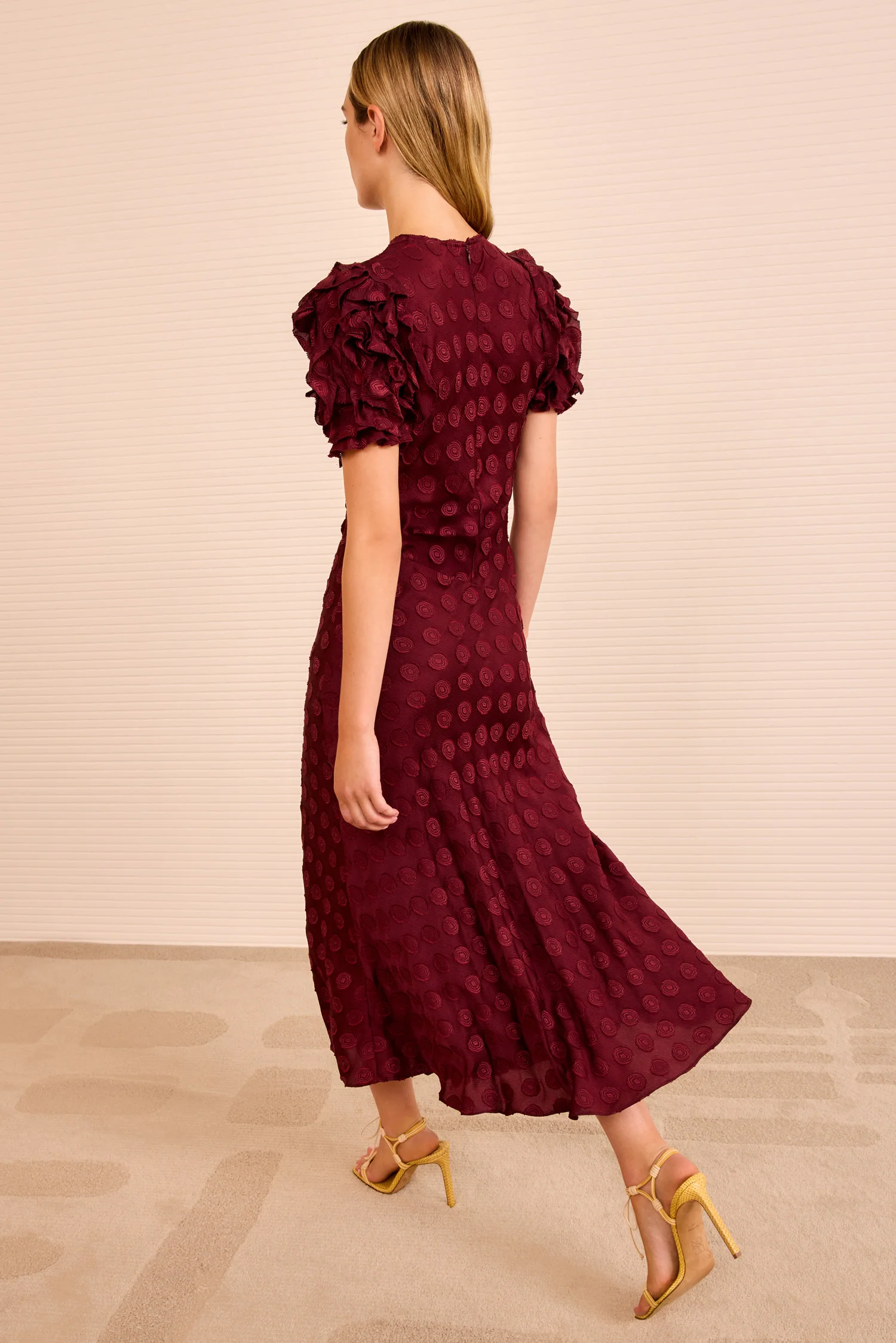 Elvia Ruffle Sleeve Midi Dress - Claret - Image 4